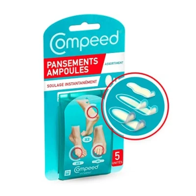Abbildung von Compeed® Pflaster Ampullen 3 Größen (x2 mittel, x2 klein, x1 Zehen) 5 Hydrokolloidpflaster schnelle Heilung Fußpflege Box mit Stück