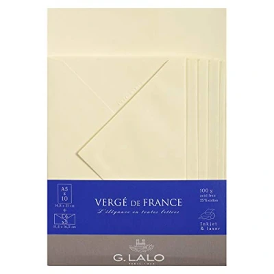 Abbildung von G. Lalo 61416L Korrespondenz Set Vergé de France (mit 5 Blatt DIN A5, 14,8 x 21 cm, 100 g, säurefrei, gerade Kante und Umschläge, 11,4 16,2 nassklebend gefüttert, elfenbein)