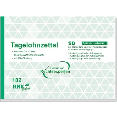 Abbildung von RNKVERLAG 182 Tagelohnzettel, Block mit 3 x 40 Blatt, selbstdurchschreibend, DIN A5 quer
