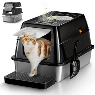 Abbildung von XXL Edelstahl Katzenklo geruchsfrei mit Deckel, große Katzentoilette aus Edelstahl, Geschlossen Katzen WC, auslaufsicher und leicht zu reinigen Schwarz