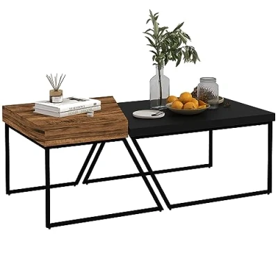 Abbildung von HOMCOM Couchtisch 2er Set Beistelltisch mit Stahlrahmen, Geometrischem Industriedesign, Wohnzimmertisch für Schlafzimmer, Büro, Schwarz