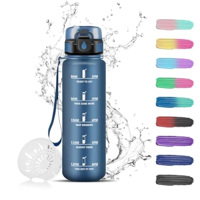 Abbildung von Trinkflasche,Trinkflasche Kinder 500ml, Trinkflasche mit Zeitmarkierung Filter, Auslaufsicher, Leicht zu Reinigen, Sporttrinkflasche für Schule, Reisen, Camping, Running, Dunkelblau