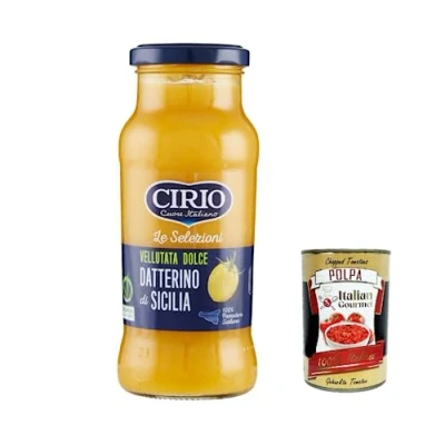 Abbildung von 6x Cirio Le Selezioni Vellutata Dolce Datterino giallo Di Sicilia, Datterini gelb Tomaten 350 G + Italian Gourmet polpa 400g