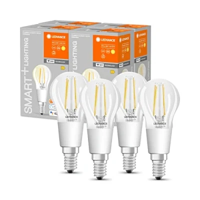 Abbildung von LEDVANCE Smarte LED Lampe mit Wifi Technologie, Sockel E14, Dimmbar, Warmweiß (2700K), Tropfenform, Klares Filament, Ersatz für herkömmliche 75W Glühbirnen, steuerbar Alexa, Google &amp; App, 4er Pack