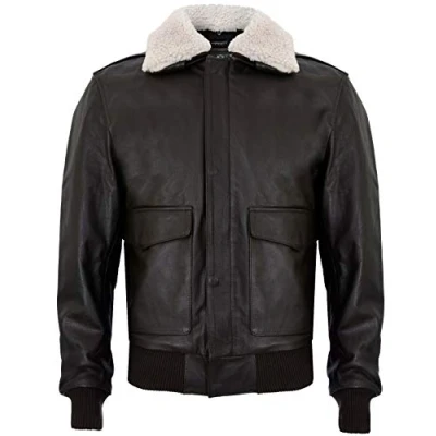 Abbildung von Infinity Leather Herren A2 Braun Schaf Nappa Leder Bomberjacke mit Abnehmbarer Schaffellkragen L