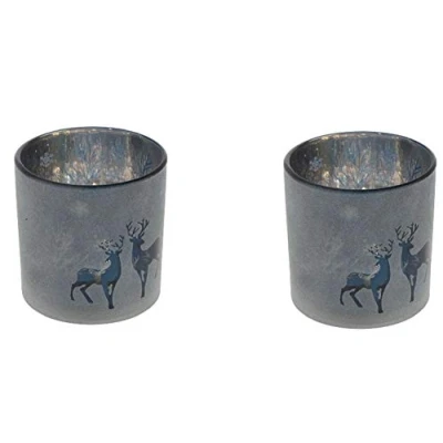 Abbildung von 2er Set Windlicht Hirsch Motiv Weihnachten dunkelblau Teelicht Glas Kerze Deko