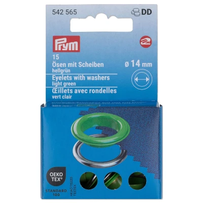 Abbildung von Prym 542565 542542 Ösen mit Scheiben, 11 mm, rot/silberfarbig, vearbeitbar dem Vario Creative Tool, hellgrün, Ø 14 15