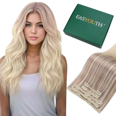 Abbildung von Easyouth Clip Extensions Echthaar Blond in Aschblond Mischen Sie mit Mittelblond und Platinblond Haarverlangerung 16 Zoll 70g 5Pcs #18/22/60