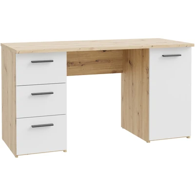 Abbildung von Forte NET307 Schreibtisch 140, moderner mit 3 Schubladen und 1 Schranktür, Holzwerkstoff, Weiß Artisan Eiche Holzdekor, 138,2 cm breit x 75,3 hoch 60 tief