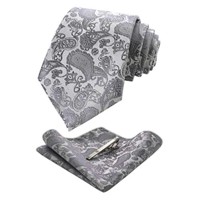 Abbildung von JEMYGINS Silber krawatte Paisley Herren Krawatten und Einstecktuch mit krawattenklammer Sets (3)
