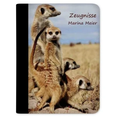 Abbildung von CreaDesign, Kinder Zeugnismappe personalisiert mit Namen, Zeugnis Mappe Erdmännchen, DIN A4, 26,7 x 32,7 1 cm, Rücken schwarz
