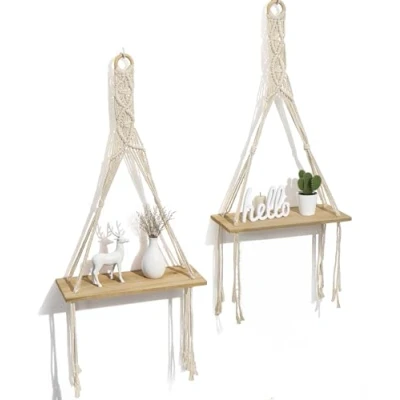 Abbildung von Afuly Wandregal Holz Wand Regal Makrame Hängeregal Boho Schaukel Pflanzenständer Wohnzimmer Schlafzimmer,2er Set