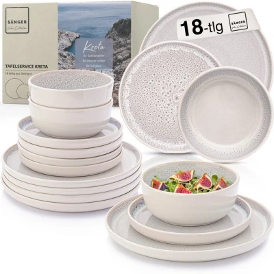 Abbildung von SÄNGER Tafelservice Kreta Geschirrset (18 tlg), 6 Personen, Steingut, Creme Blau, Handmade, Erweiterbar, VALUE COLLECTION