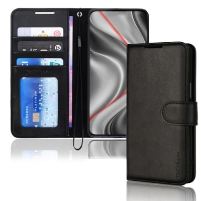 Abbildung von TECHGEAR Leder Hülle kompatibel mit Samsung Galaxy S10e PU Flip Case Schutzhülle Ledertasche [Brieftasche] Handyhülle Ständer und Handschlaufe Beutel Schwarz