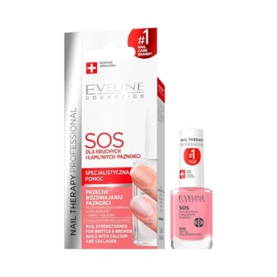 Abbildung von Eveline Cosmetics Nageltherapie Professionell SOS Stärkende Spülung mit Kalzium und Kollagen für brüchige, splitternde Nägel Intensivpflege Glanz 12ml