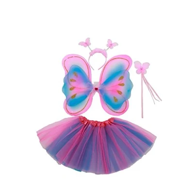 Abbildung von Tante Tina Schmetterling Kostüm Mädchen 4 teiliges mit Tüllrock, Flügel, Zauberstab und Haarreif Pink/Violett/Blau geeignet für Kinder von 2 bis 8 Jahren