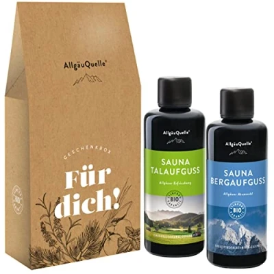 Abbildung von Allgäuquelle Sauna Aufgussset BIO Saunaaufguss Konzentrat Saunaduft Für Dich 2er Set (2 x 100ml) Lemongrass, Orange &amp; Bergamotte, Eukalyptus, Salbei, Minze Cajeput
