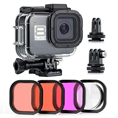 Abbildung von SOONSUN Wasserdichtes Gehäuse für GoPro Hero 8 schwarz mit 4er Pack Tauchfilter 60 m Unterwasser Tauchgehäuse, integrierte Dual Kaltschuh Steckplätze Rot, Hellrot, Magenta und 5 x Makrofilter