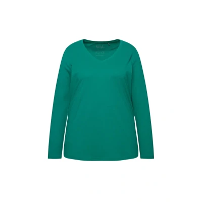 Abbildung von Ulla Popken GRÖSSEN BIS Basic Vausschnitt Reine Langarmshirt, Damen, Größe: 54/56, Emerald green