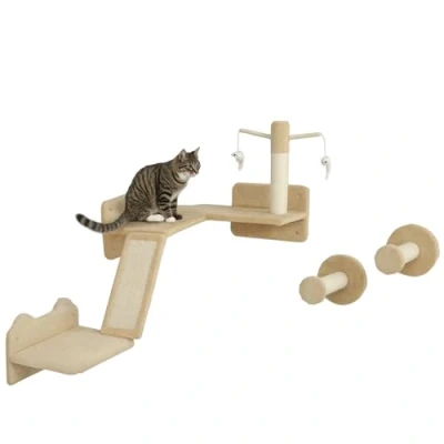 Abbildung von PawHut Katzen Kletterwand 3 teilig Katzenmöbel mit Kratzbrett, Sprungplatten, Kratzstamm, für bis 5 kg, Sisal, Beige