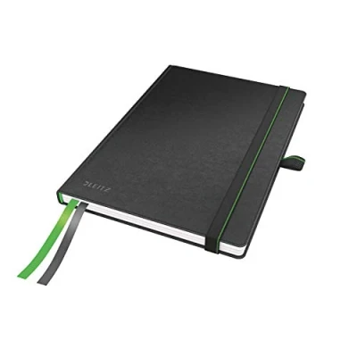 Abbildung von Leitz Complete Qualitäts Notizbuch A5 kariert, 160 Seiten, 80 Blatt, Hardcover Mit hochwertigem Einband, 100 g/m² Papier, Gummizugverschluss, Textilbänder, Stiftelasche, Tasche, Schwarz, 44770095