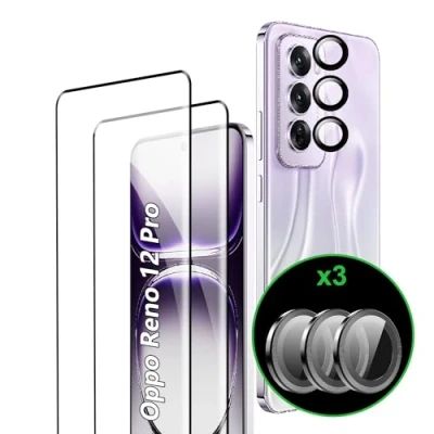 Abbildung von Rojeuinn Panzerfolie für Oppo Reno 12 Pro Schutzfolie,[2 Stück Schutzglas+2 Kameraschutz],9H Härte Anti Kratzen Displayschutz,HD Displayschutzfolie