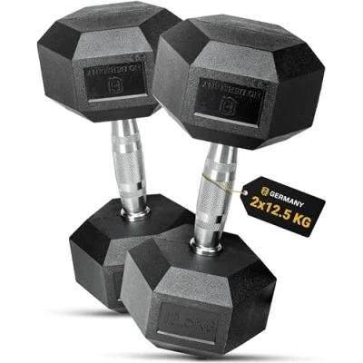 Abbildung von HQ Germany® Hexagon hanteln 12,5kg 2 Stück Geruchsarm, ±1,5% Gewichtstoleranz Hantel, 12,5 kg 2er Set, Kurzhantel, Dumbbell, Kilo Hantel Hantelset