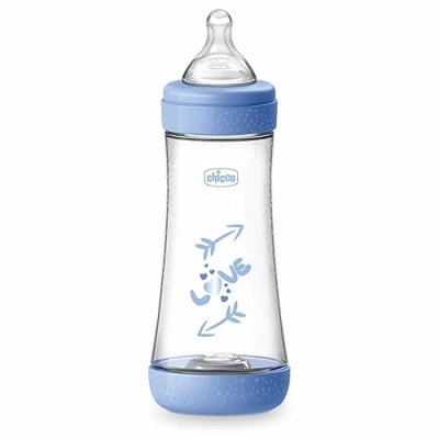 Abbildung von Chicco PERFECT 5 Anticolic Flasche 300 ml, Fast flow 4 Monate + mit weichem Silikonsauger, Biofunktionelle Intui System Blau