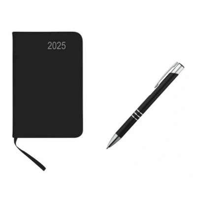Abbildung von Stylex Schreibwaren Taschenkalender 2025 / ca A7 PU Einband Farbe: schwarz+Metall Kuge
