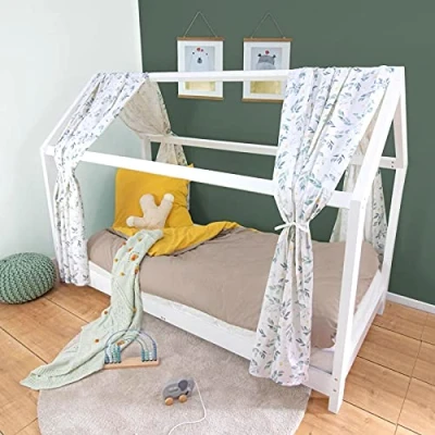 Abbildung von Puckdaddy Flora Hausbett Vorhang 146 x 298 cm 2er Set Stoffhimmel 100% Baumwolle Weiß Florale Muster Hochwertiger Bettvorhang für das Kinderzimmer
