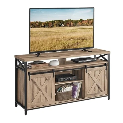 Abbildung von VASAGLE TV Schrank, Lowboard für Fernseher bis zu 65 Zoll, mit verstellbaren Ablagen, rustikale Tür, Landhausstil, Metallgestell, Kamelbraun schwarz LTV071B50V1