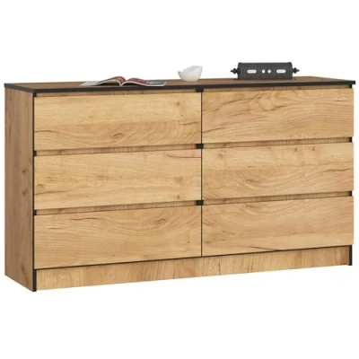 Abbildung von AKORD Kommode K 140 mit 6 (2 x 3) Schubladen für das Wohnzimmer Schlafzimmer Schrank Büro Arbeitszimmer Modernes Funktionales Design B138 H77 T40 cm, Gewicht 51kg Handwerk Eiche