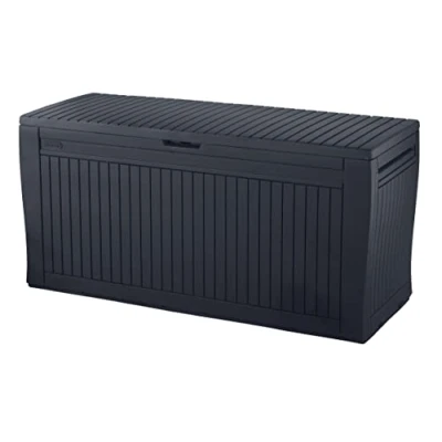 Abbildung von Koll Living Auflagenbox/Kissenbox 270 Liter Farbe : Graphit l 100% Wasserdicht mit Belüftung dadurch kein übler Geruch/Schimmel Moderne Holzoptik Deckel belastbar bis 250 KG (2 Personen)