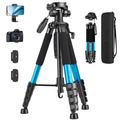 Abbildung von JOILCAN Kamera Stativ, 187cm Kamerastativ Fotostativ mit Abnehmbar Kopf, Camera Tripod Tragetasche für Canon Nikon DSLR, Aluminium Dreibeinstativ Handyhalterung for Smartphone(Blau)