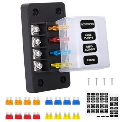 Abbildung von GUNGY 4 Fach Sicherungshalter 12 Volt KFZ Sicherungskasten Flachsicherung mit 16Pcs Sicherungen und Etiketten für Auto Boot Wohnmobil