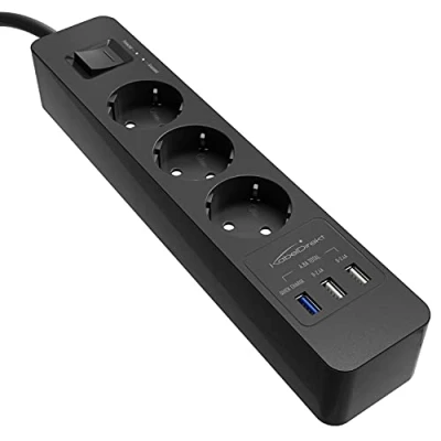 Abbildung von KabelDirekt 3 Fach Steckdosenleiste &amp; Mehrfachsteckdose (USB, Quick Charge 3.0, Schnellladegerät, lädt geräteabhängig bis zu 3x schneller, Überspannungs /Berührungsschutz, TÜV geprüft, schwarz)