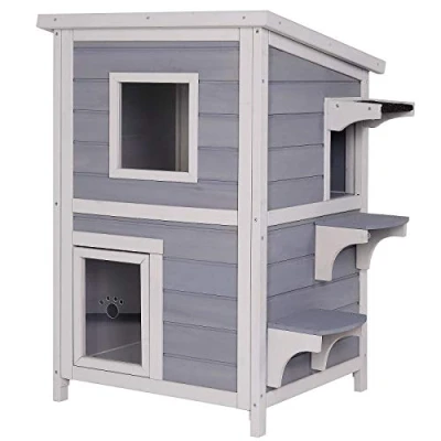 Abbildung von lionto Tierhaus Katzenhaus, Katzenvilla, mit klappbarem Dach, wetterfest, 56 cm x 52 82 cm, grau weiß