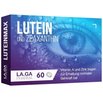 Abbildung von Lutein Zeaxanthin Kapseln mit Beta Carotin, Blaubeere, Vitamine A, E und B12. 60 Augenkapseln Zeaxanthin. Augenvitamine, 100 % natürlich, um die Sehkraft zu verbessern.