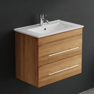 Abbildung von Alpenberger Badmöbel Set mit Waschbecken Badschrank 2 Schubladen Hängeschrank Bad Waschtisch Unterschrank Badezimmer Möbel Waschbeckenunterschrank 60 cm Breit Bamboo