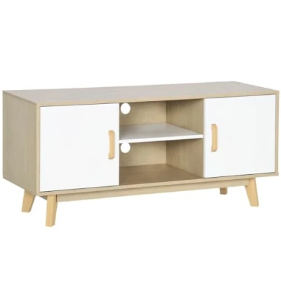 Abbildung von HOMCOM TV Lowboard Fernsehschrank Schrank Fernsehtisch Sideboard mit 2 Schränke und offenen Regale Skandi Design bis zu 55 Zoll Natur+Weiß 120 x 40 cm