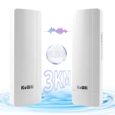 Abbildung von KuWFi N630 WLAN Bridge Outdoor CPE, 3KM 5.8G Point to WiFi Bridge, Gigabit Wireless Access mit 16dBi Antenne, 1000Mbps LAN Ports, PoE Adapter, für Netzwerk, Starlink, CCTV, Kamera