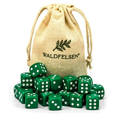 Abbildung von Waldfelsen 6, 12, 20, 30 oder 50 hochqualitative Würfel Standardgröße 16 mm Acrylwürfel Knobel Spielwürfel Dice 6 seitig sechsseitig Spielzubehör Set mit Stoffbeutel (Grün, 20 Stück)