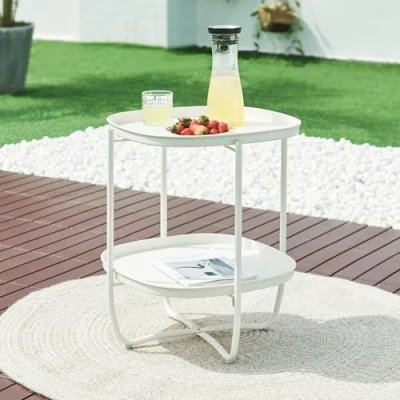 Abbildung von [en.casa] Outdoor Beistelltisch Sandefjord Tabletttisch Balkontisch mit 2 abnehmbaren Tabletts Weiß Gartentisch 57,5 x 46 cm rechteckig Indoor Metalltisch