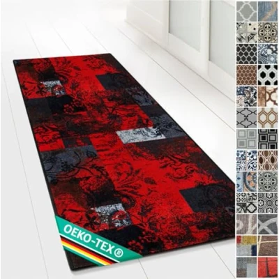Abbildung von Floordirekt Teppichläufer mit Muster maßgefertigter Feinschlingen Teppich Läufer für Küche, Flur &amp; Wohnraum Ornament Vintage Orient Gitter (80 x 400 cm, Maraba)