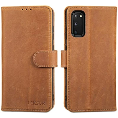 Abbildung von LENSUN Echtleder Hülle für Samsung Galaxy S20, Handyhülle [Echtes Leder] [Magnetverschluss] [Kartenfach] Handytasche Lederhülle S20 5G Vintage Braun