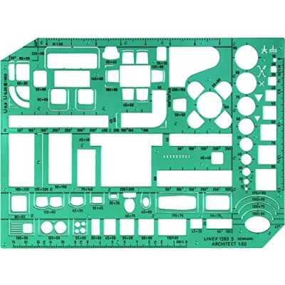 Abbildung von Linex 1263S Möbel Schablone für Architekten, Grund und Aufrissrisszeichnungen, Maßstab 1:50, Tuschenoppen, 230 x 160 mm