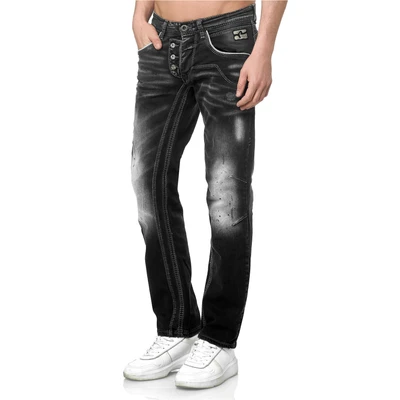 Abbildung von Rusty Neal Herren Jeanshose Designer Ruben Front Knopfleiste Stretch Denim Black Used White Washed 40, Farbe:Anthrazit, Größe Jeans L32 + L34:31/32