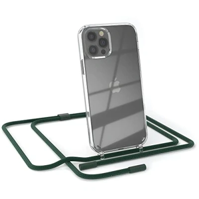 Abbildung von EAZY CASE kombinierbare Handyketten kompatibel mit iPhone 12/12 Pro, Transparente Silikon Hülle Umhängeband, abnehmbar durch abschraubbare Endstücke, Hülle, Gurt zum wechseln, Pinien Grün