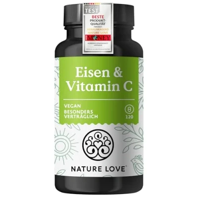 Abbildung von NATURE LOVE® Eisen mit 43mg natürlichem Vitamin C 20mg Eisenbisglycinat 120 Kapseln vegan, geschmacksneutral in Deutschland produziert