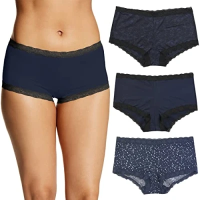 Abbildung von Maidenform Damen Underwear, Microfiber with Lace Boyshort Panties, One Fab Fit, 3 Pack Slips für Jungen, Marineblau, Schwarz/Marineblau, Schwarze Spitze/glänzender Stern, M (3er Pack)